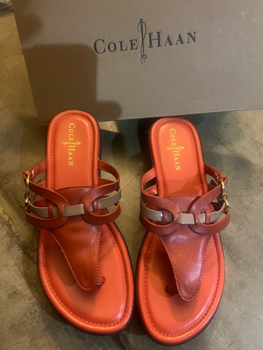 Cole Haan Red-Orange Leather Thong Sandals with Gold Accents